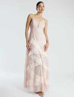 BCBGMAXAZRIA Isla Beaded Illusion Ruffle Gown