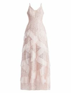 BCBGMAXAZRIA Isla Beaded Illusion Ruffle Gown -Bcbg Shop 7.30 D MY05D07E PNK 8